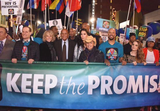 Photo, L to R) AHF President Michael Weinstein, Pamela Frank, Harry Belafonte, Shari Belafonte (in hat),  Common,  and Jojo. (Photo by Araya Diaz/Getty Images for AIDS Healthcare Foundation)