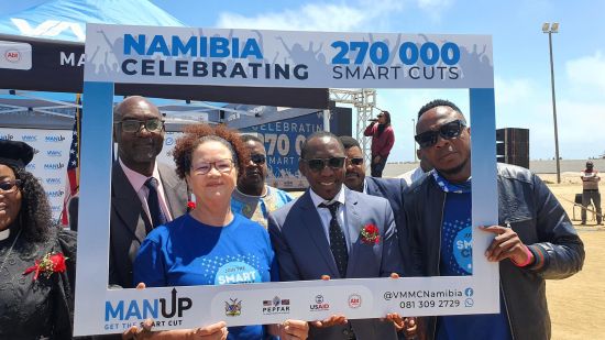 From left to right: Deputy PEPFAR Country Coordinator Mao Tjiroze, MoHSS Deputy Executive Director Petronella Masabane, Erongo Governor Neville Andre Itope, and VMMC Ambassador and local musician King Tee Dee.