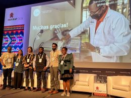 IAVI-organized SBR satellite session. From left: Heeran Makkan (The Aurum Institute), Mitzy Gafos (LSHTM), Anja Van der Westhuizen (IAVI Africa), Ken Ondenge (IAVI Africa), Saif ul Hadi (IAVI India), and Yvonne Wangui Machira (IAVI Africa)