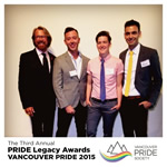 Photo: PRIDE Legacy PINK Award: Presenter Bradford McIntyre & PINK Award Finalists: Jody Jollimore, Andrea Szewchuk, and Hasan Abdessamad. May 28, 2015.