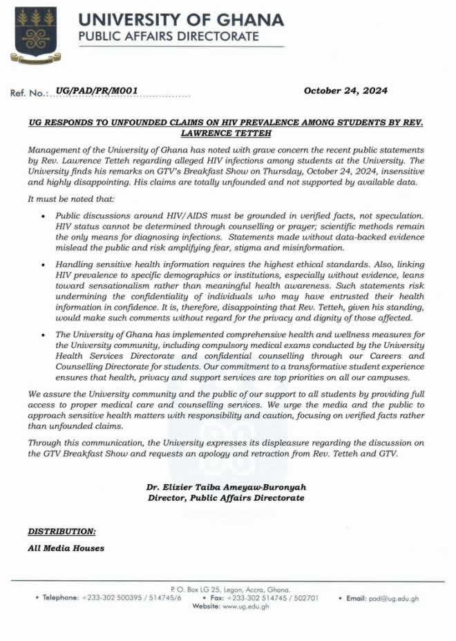 Signed statement: UNIVERSITY OF GHANA RESPONDS TO UNFOUNDED CLAIMS OF HIV PREVALENCE AMONG STUDENTS BY REV. LAWRENCE TETTEH