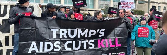 Longtime HIV activists were among those in Washington, D.C., protesting the Trump administrations freezing of PEPFAR funds to fight global HIV on Feb. 6.